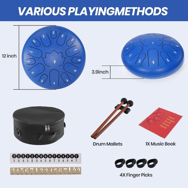Weipoken rain drums for outside Garden 12 Inch 15 Note Steel Tongue Drum Hand Pan Drum with Music Book tongue drums Gift Handpan Drum Mallet, and Carry Bag(Blue, 12 Inch) - Image 5